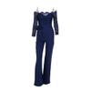 Womens Lace Trim Off Shoulder Jumpsuits Solid Color Casual Flared Trousers Romper Elegant Slim Lounge Jumpsuit (Blue,Large) view 1