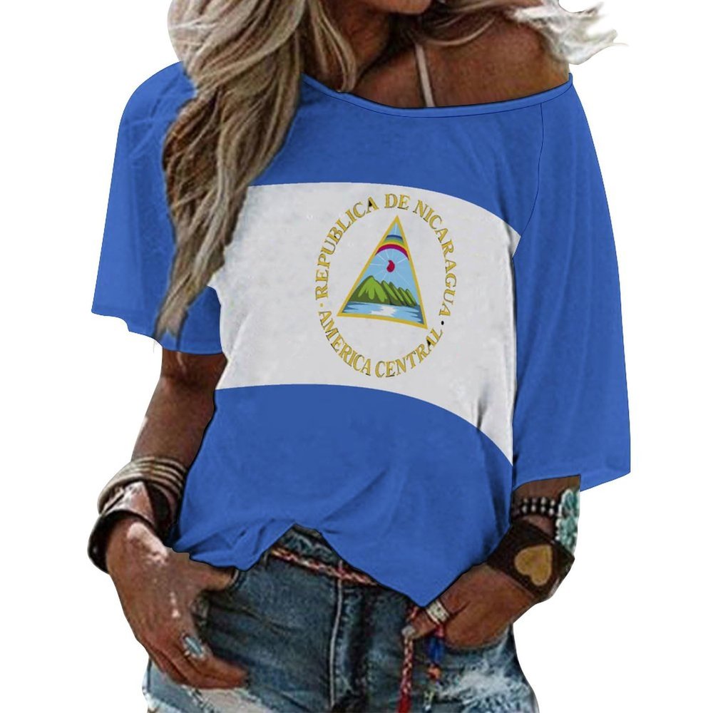 Adugen Origei Nicaragua Flag Mid Sleeve Straight Neck T-Shirt Women's Tops Casual Shirts Summer Blouses Popular Short Sleeve Shirt M