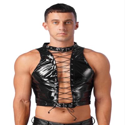 Vxuxlje Men's Patent Leather Lace Up Hollow Out Crop Tank Top Gothic Punk Latex Vest Clubwear Black Large