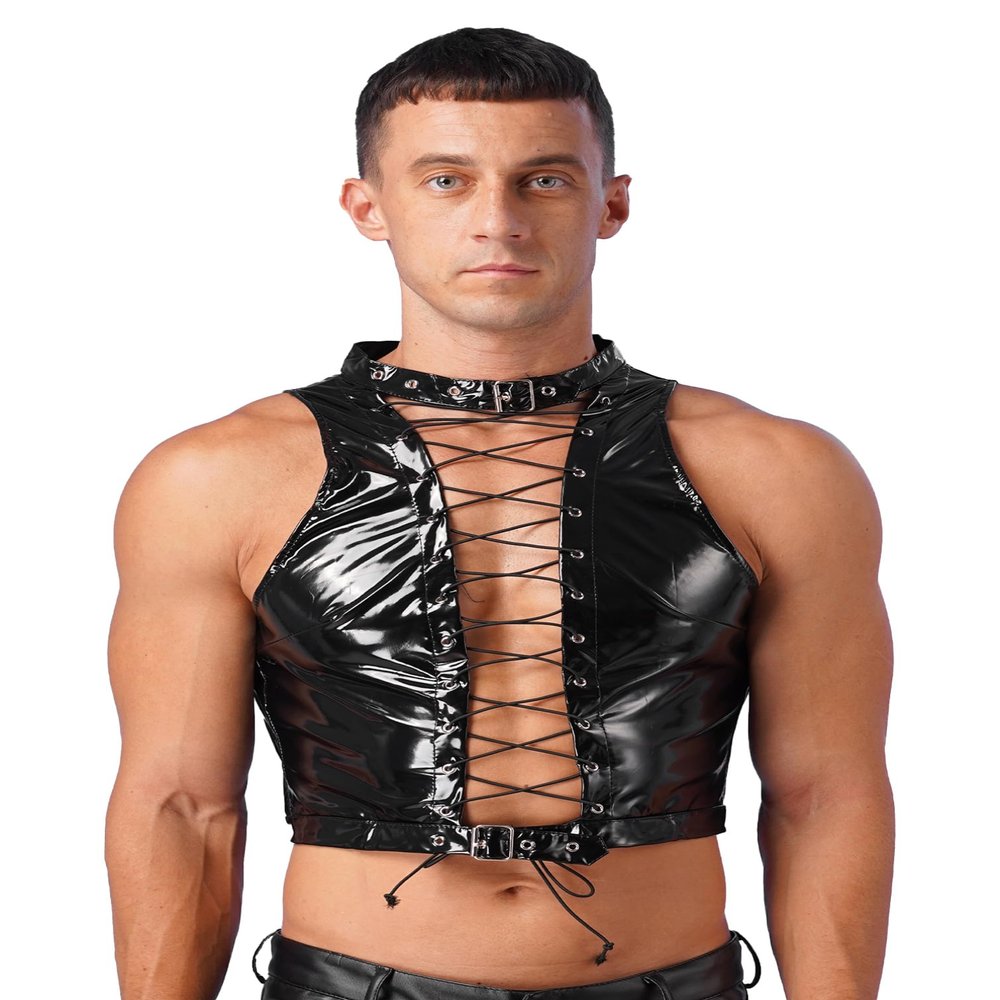 Vxuxlje Men's Patent Leather Lace Up Hollow Out Crop Tank Top Gothic Punk Latex Vest Clubwear Black Large