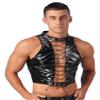 Vxuxlje Men's Patent Leather Lace Up Hollow Out Crop Tank Top Gothic Punk Latex Vest Clubwear Black Large view 2