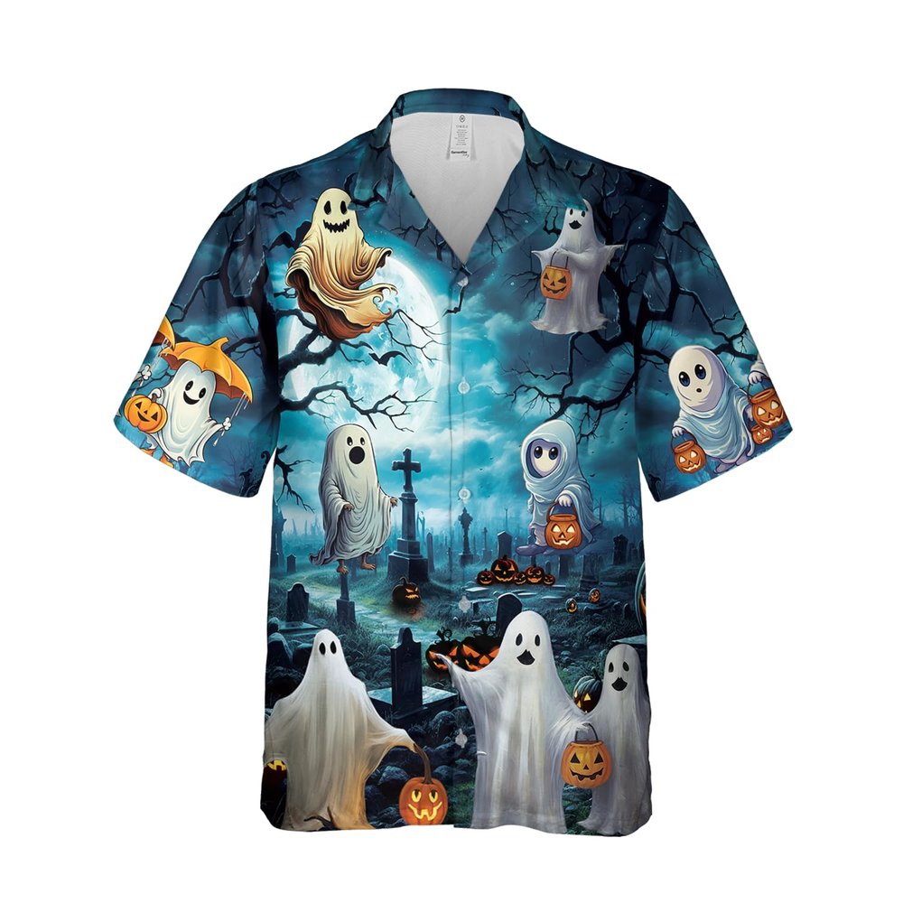 228CLOSET Men's White Ghost Hawaiian Shirts - Haunted Cemetery Button Down Mens Hawaiian Shirts Set 56 Size S