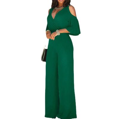 JEsilunmaMY Womens Loose Cold Shoulder Belt Jumpsuit Wrap V Neck Cutout Tie Waist Jumpsuits Solid Color Wide Leg Rompers (Green,Small)