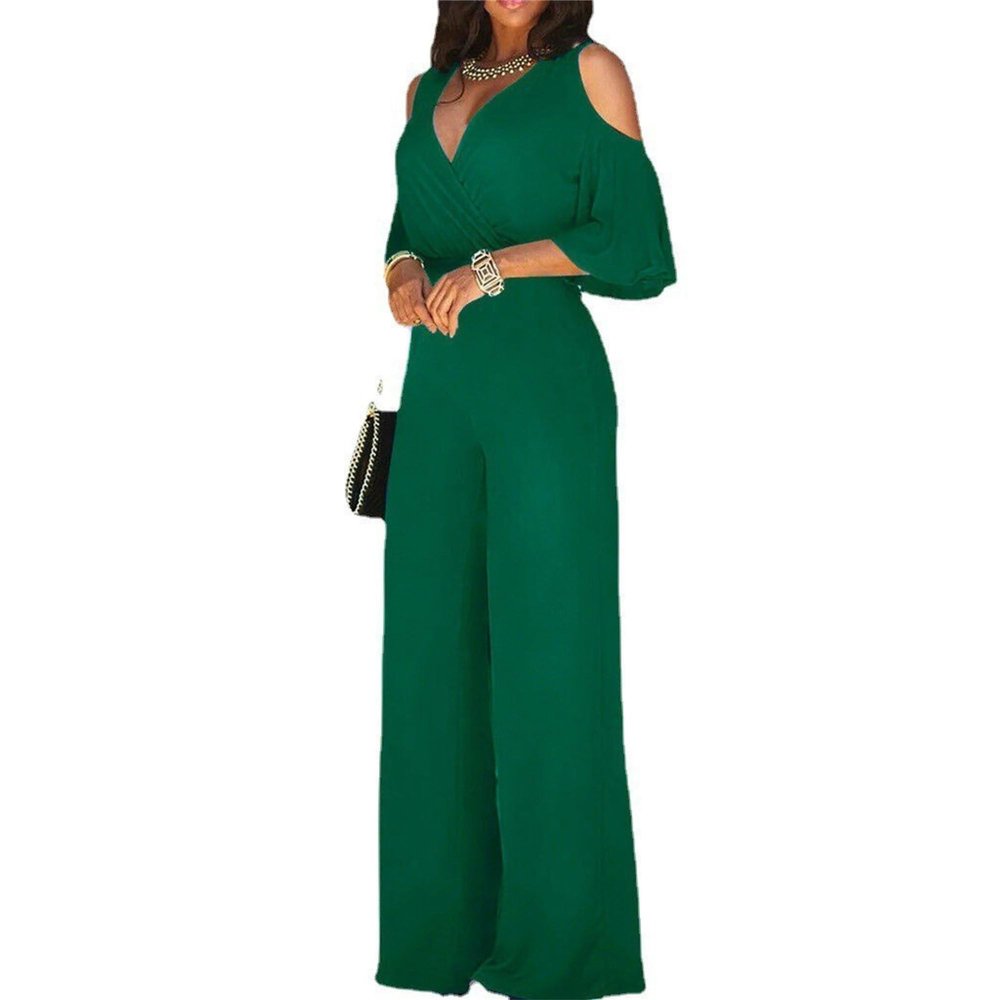 JEsilunmaMY Womens Loose Cold Shoulder Belt Jumpsuit Wrap V Neck Cutout Tie Waist Jumpsuits Solid Color Wide Leg Rompers (Green,Small)