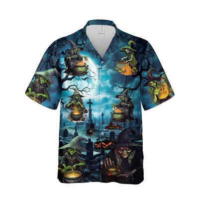 228CLOSET Men's Scary Witch Hawaiian Shirts - Halloween Cemetery Button Down Mens Hawaiian Shirts Set 56 Size M