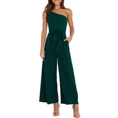 JEsilunmaMY Womens Single Shoulder Belt Jumpsuits Sleeveless Tie Waist Backless Wide Leg Rompers Summer Jumpsuit with Pocket (Dark Green,Large)