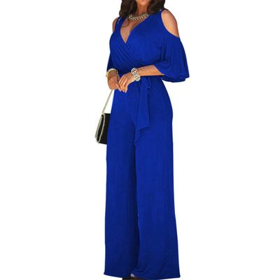 JEsilunmaMY Womens Loose Cold Shoulder Belt Jumpsuit Wrap V Neck Cutout Tie Waist Jumpsuits Solid Color Wide Leg Rompers (Blue,X-Large)