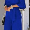 JEsilunmaMY Womens Loose Cold Shoulder Belt Jumpsuit Wrap V Neck Cutout Tie Waist Jumpsuits Solid Color Wide Leg Rompers (Blue,X-Large) view 3