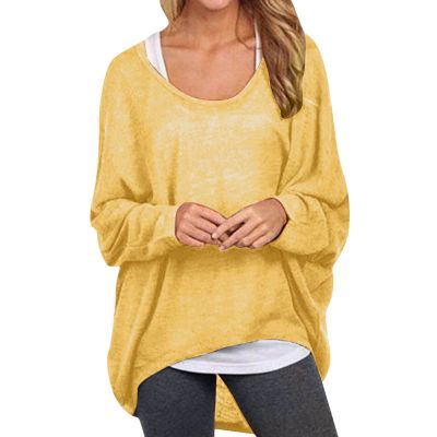 XUETON Sweat Shirts for Women Lightweight Casual Batwing Long Sleeve Crewneck Pullover Sweatshirts Soft Cozy Slouchy Loose Fit Oversized Fall Autumn Solid Baggy Jumper Tops(Yellow,Large)