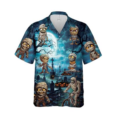228CLOSET Men's Halloween Mummy Hawaiian Shirts - Haunted Cemetery Button Down Mens Hawaiian Shirts Set 56 Size XL