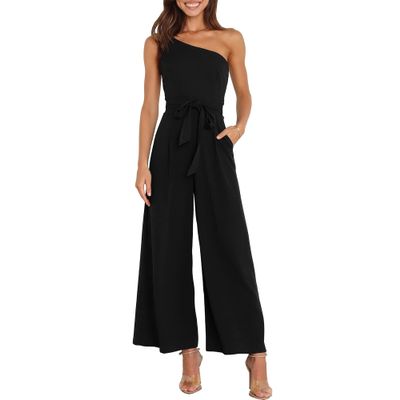 JEsilunmaMY Womens Single Shoulder Belt Jumpsuits Sleeveless Tie Waist Backless Wide Leg Rompers Summer Jumpsuit with Pocket (Black,XX-Large)