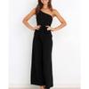 JEsilunmaMY Womens Single Shoulder Belt Jumpsuits Sleeveless Tie Waist Backless Wide Leg Rompers Summer Jumpsuit with Pocket (Black,XX-Large) view 2
