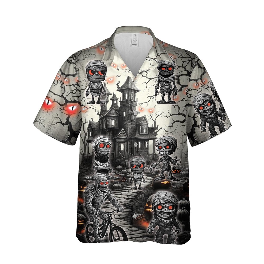 228CLOSET Men's Halloween Mummy Hawaiian Shirts - Haunted House Button Down Mens Hawaiian Shirts Set 57 Size 2XL