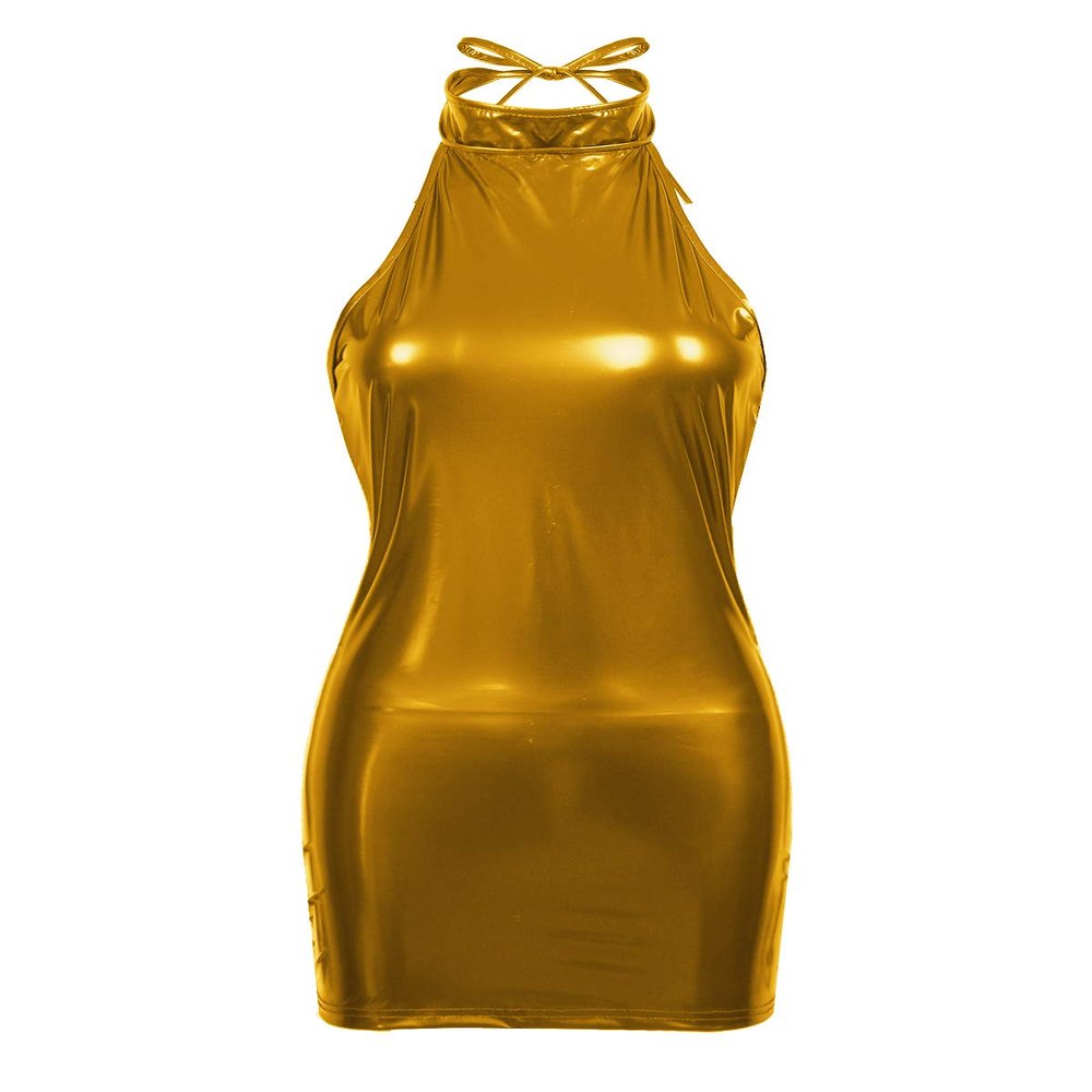 AGJGFM Womens Wet Look Patent Leather Halter Neck Sleeveless Low Back Bodycon Mini Dress for Party Gold