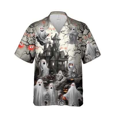 228CLOSET Men's White Ghost Hawaiian Shirts - Haunted House Button Down Mens Hawaiian Shirts Set 57 Size 5XL