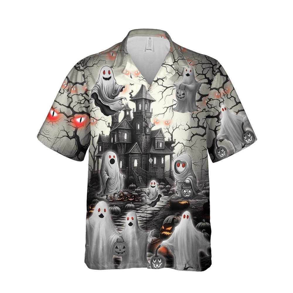 228CLOSET Men's White Ghost Hawaiian Shirts - Haunted House Button Down Mens Hawaiian Shirts Set 57 Size 5XL