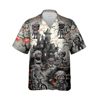 228CLOSET Men's Halloween Mummy Hawaiian Shirts - Haunted House Button Down Mens Hawaiian Shirts Set 57 Size 5XL