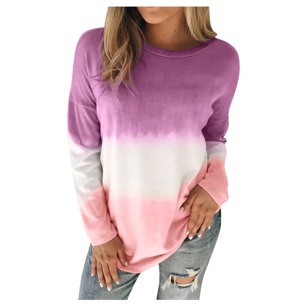 XUETON Womens Long Sleeve Tie Dye Golf Shirts Color Block Blouses Casual Lightweight Soft Cozy Slouchy Loose Crewneck Pullover Tunic Tops Plus Size(Purple,3X-Large)