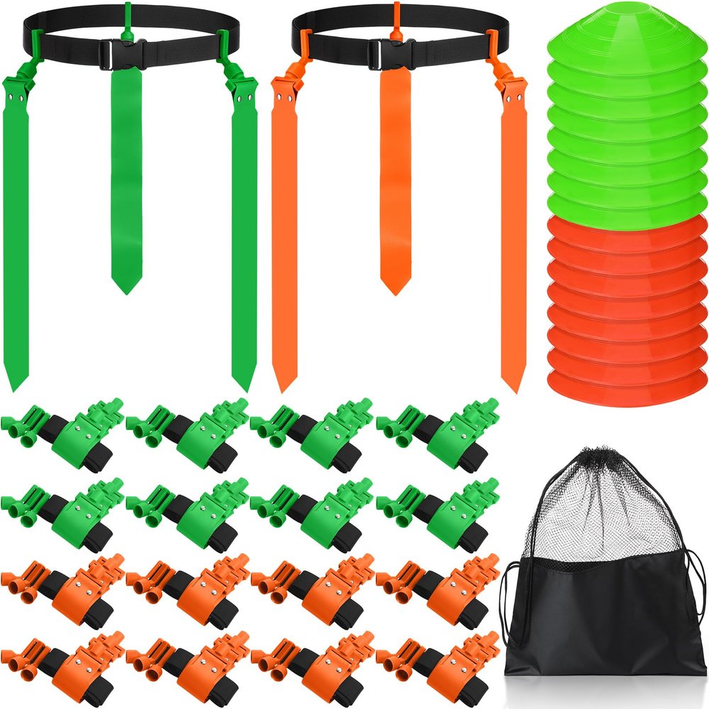 Wettarn 16 Players 10/16 Player Flag Football Belts Adjustable Flag Football Set with Cones Bag for Youth Adults Kids Training Sport (Green,Orange)