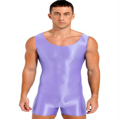 Rswnyirn Men's Shiny Glossy Athletic Supporters One Piece Bodysuit Slim Fit Active Singlet Leotard Lavender X-Large