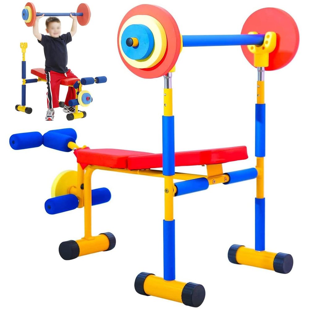 Bench and Leg Press for Kids, Fitness Exercise Equipment for Kids, Children Workout Barbell Dumbbell Weight Set for Ages 3-12 Year Old