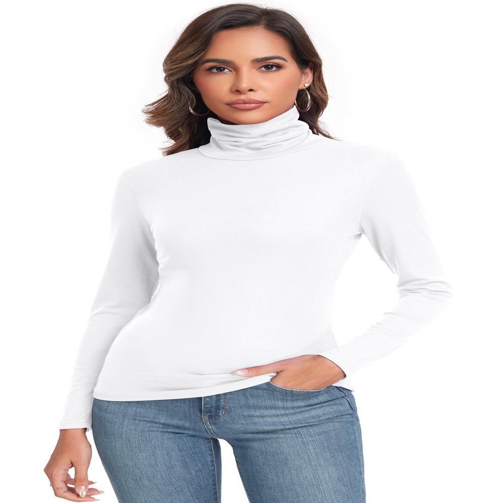 Basic Mock Turtleneck Top Shirts Long Sleeve for Women White Small