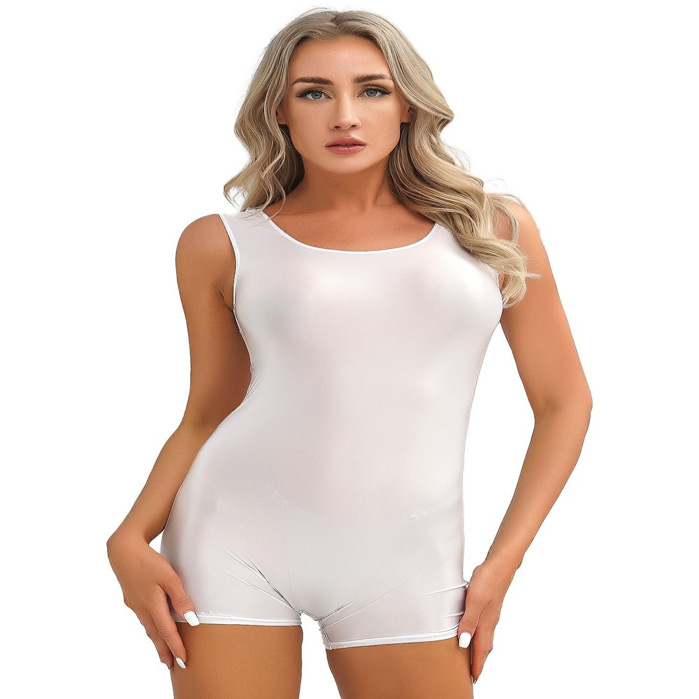 Rswnyirn Women's Shiny Glossy One-Piece Boyleg Bathing Suit Sleeveless Sport Workout Yoga Leotard White X-Large
