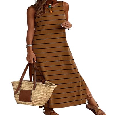 AHAIJ Women's Striped Maxi Tank Dress Casual Summer Sleeveless Crewneck Split Beach Long Sun Dresses (as1, Alpha, m, Regular, Regular, Brown)
