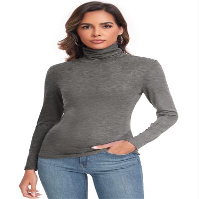 Qaffier Women Turtleneck Long Sleeve Shirt Pullover High Neck Undershirt Thermal Shirts Dark Grey X-Large
