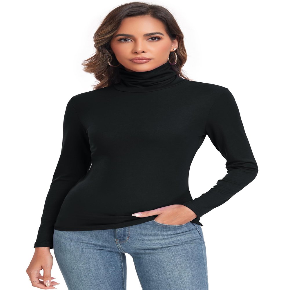 Qaffier Women Turtleneck Long Sleeve Active Shirts Base Layer Black Small