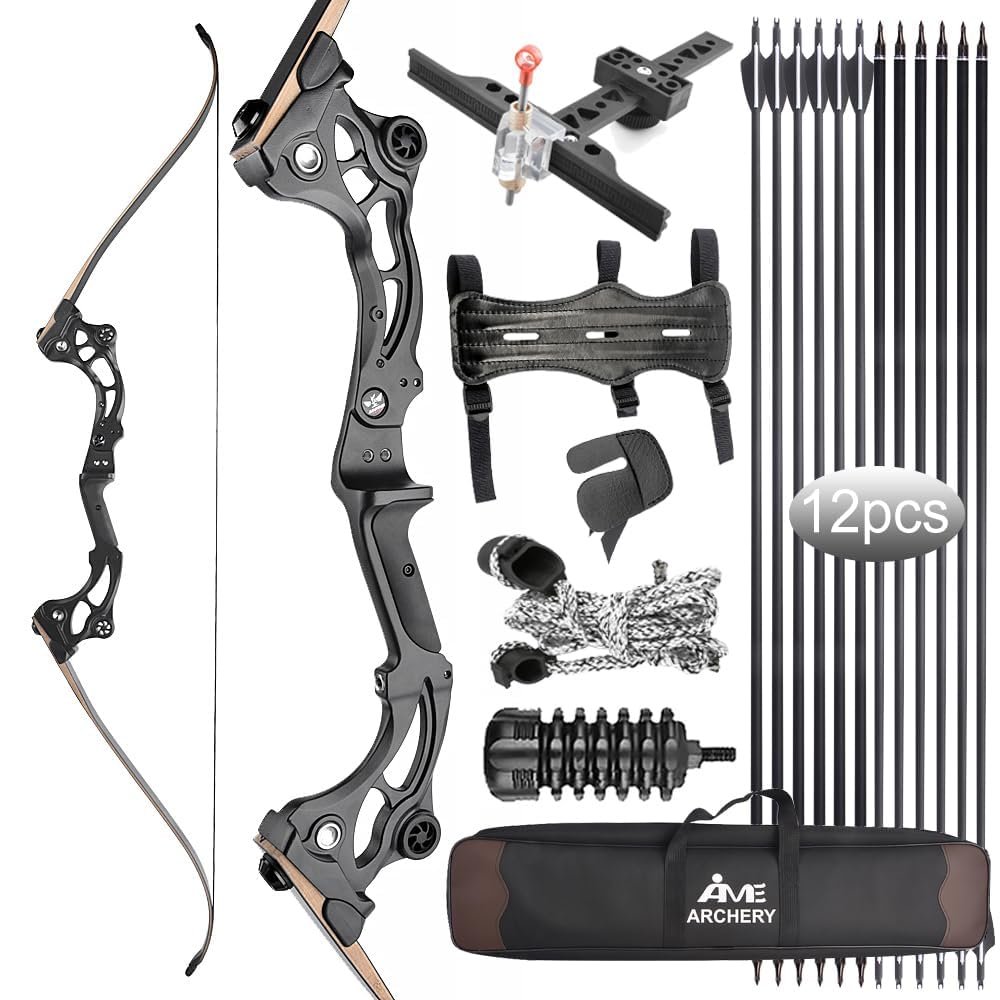 AMEYXGS Archery 64''Takedown recurve Bow/Hunting Bow Set has 30 35 40 45 50 55LB Aluminum-Magnesium Alloy Handle, Bamboo Sheet Glass Fiber Bow Limbs for RTH (40 lb, Bow Set)