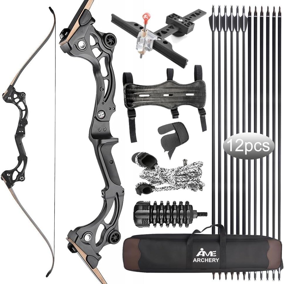 AMEYXGS Archery 64''Takedown recurve Bow/Hunting Bow Set has 30 35 40 45 50 55LB Aluminum-Magnesium Alloy Handle, Bamboo Sheet Glass Fiber Bow Limbs for RTH (30 lb, Bow Set)