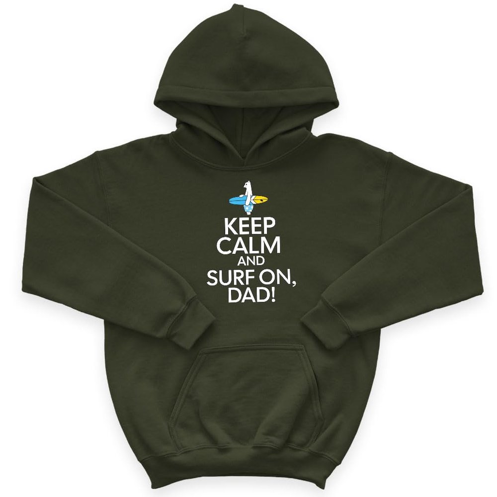 Keep Calm And Surf On, Dad Kids' Hoodie - Swim Clothing - Bear Surf - Military Green, L