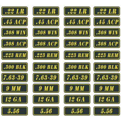 Ammo Can Labels Set-Weatherproof Vinyl Caliber Sticker for Gunsmiths and Armorer - Decal Label 9MM 5.56 7.62 12GA .22 .223 .308 .300 .380 .45 (40 Pack/10 Varieties)