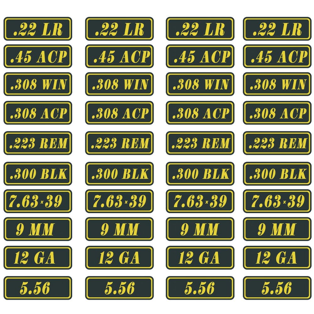 Ammo Can Labels Set-Weatherproof Vinyl Caliber Sticker for Gunsmiths and Armorer - Decal Label 9MM 5.56 7.62 12GA .22 .223 .308 .300 .380 .45 (40 Pack/10 Varieties)
