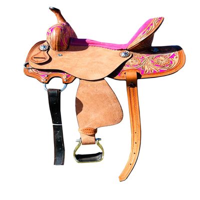 8" 10" 11" 12" 13" Western Kids Horse Barrel Saddle for Horse Riding, Floral Tooled Saddle with Silver Conchos Black Purple Pink Teal Brown (with Matching Tack Set, Pink, 10" Seat)