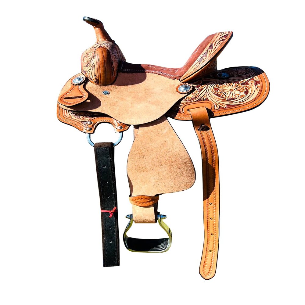 8" 10" 11" 12" 13" Western Kids Horse Barrel Saddle for Horse Riding, Floral Tooled Saddle with Silver Conchos Black Purple Pink Teal Brown (with Matching Tack Set, Brown, 8" Seat)