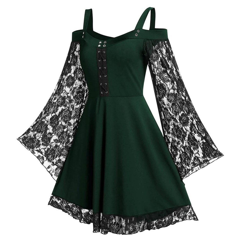 A-A71 Lime Green Teen Girls Holiday Halloween Dresses Spaghetti Strap Lace Bell Sleeve Cold Shoulder Dresses for Women Maxi Long Victorian Gothic Summer Fall Dresses 2026 ZR 3XL