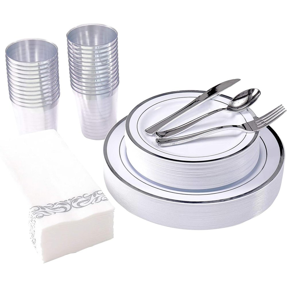 HYQFSAD 175 PCS Plastic Dinnerware Set for Party Halloween 25 Guests for Wedding Birthday, Disposable Dinnerware Set with Dinner Plate Wine Glass Knife Fork Spoon Napkin (Color : White)