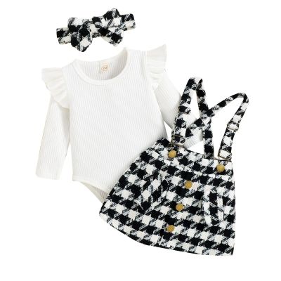 KAGAYD Baby Girl Fall Winter Clothes Set Infant Girls Long Sleeve Ribbed Romper Bodysuit Plaid Prints (Black, 2-3 Years)
