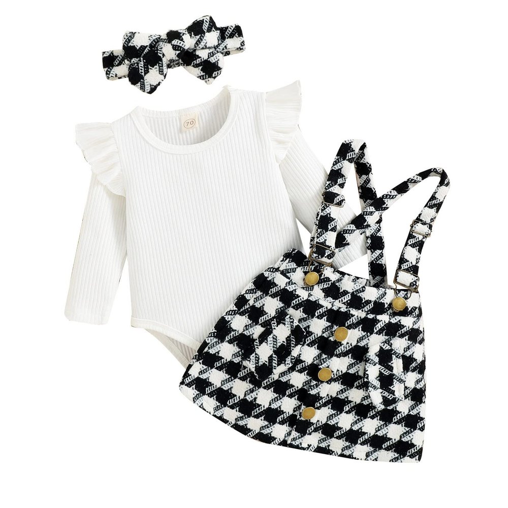KAGAYD Baby Girl Fall Winter Clothes Set Infant Girls Long Sleeve Ribbed Romper Bodysuit Plaid Prints (Black, 2-3 Years)