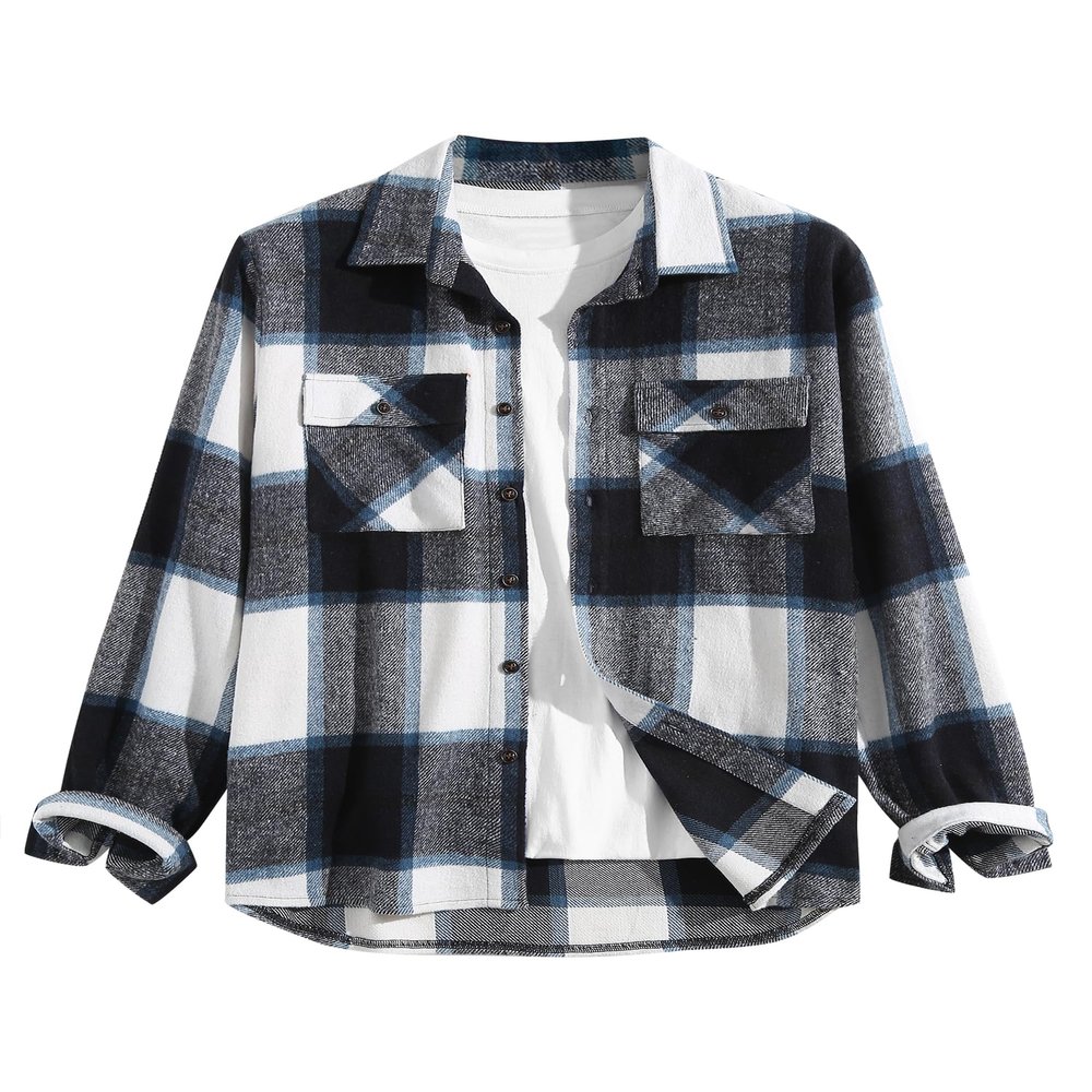 ZAFUL Flannel Shirt for Men Plaid Print Heavyweight Fleece Soft Shirt Dark Navy Blue L