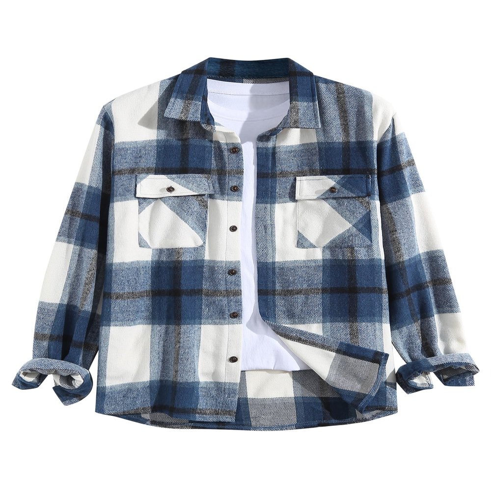 ZAFUL Mens Flannel Shirts Long Sleeve Plaid Pattem Pocket Shackets Tops Dark Blue S