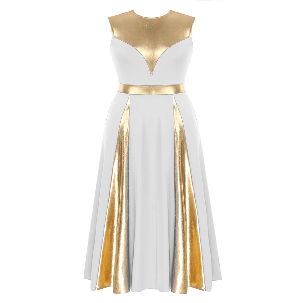 Linjinx Women Metallic Color Block Praise Dance Dress Liturgical Worship Robe Tunic Dancewear Performance Costume White X-Large