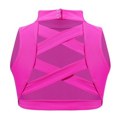 ACSUSS Big Girls Athletic Dance Sports Crop Tops Vest Gymnastics Ballet Cross Back Mock Neck Tank Tops Dancewear Hot Pink 10 Years