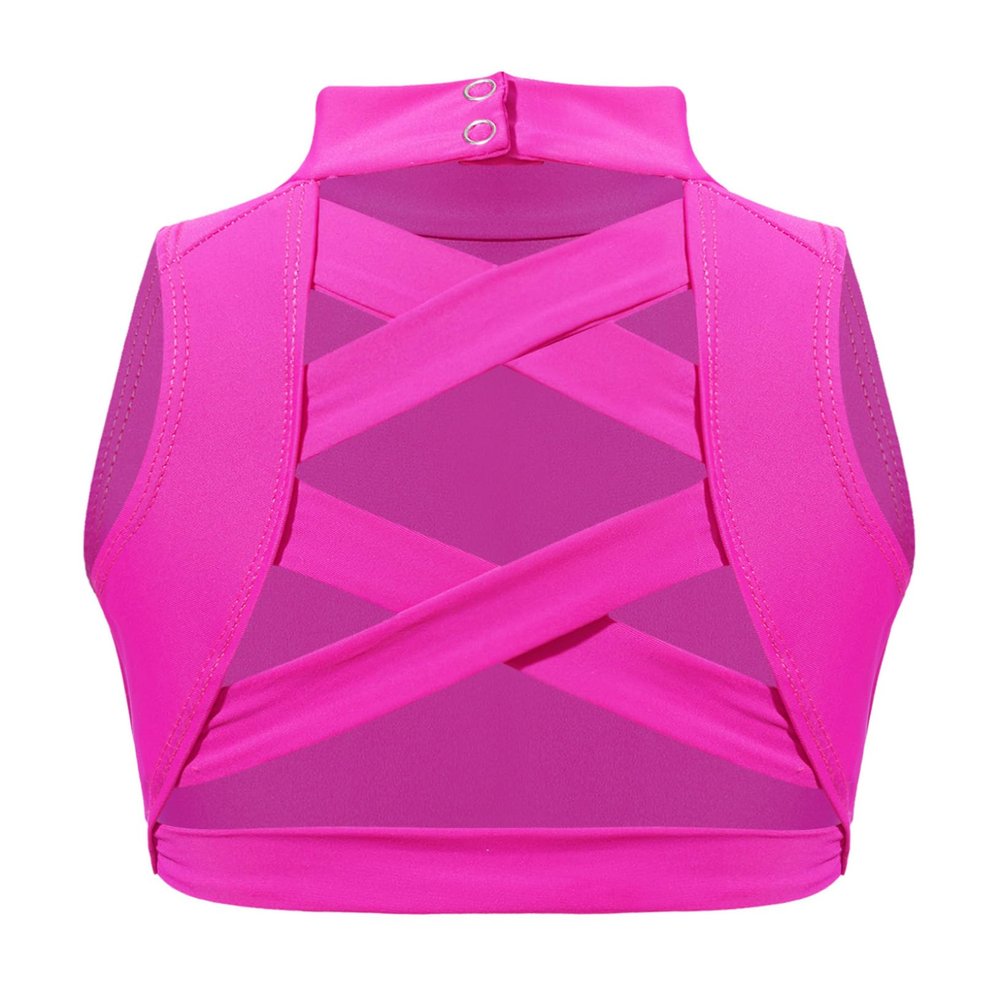 ACSUSS Big Girls Athletic Dance Sports Crop Tops Vest Gymnastics Ballet Cross Back Mock Neck Tank Tops Dancewear Hot Pink 10 Years
