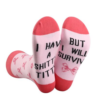 BDPWSS Breast Cancer Awareness Socks For Women Cancer Support Gift I Have a Shitty Titty But i Will Survive Pink Ribbon Socks (will survive socks)