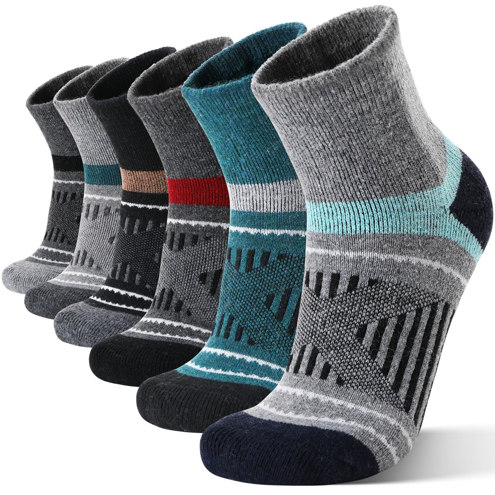EBMORE Merino Wool Quarter Hiking Running Socks Compression Warm Winter Thermal Thick Cushion Moisture Wicking Socks Gifts Stocking Stuffers for Men 6 Pairs(Assorted,M)