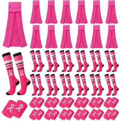 Toulite 12 Sets Breast Cancer Awareness Football Accessories Includes 12 Sports Football Towel 12 Pink Ribbon Wristbands Pink Sweatband 12 Breast Cancer Awareness Socks with Stripes