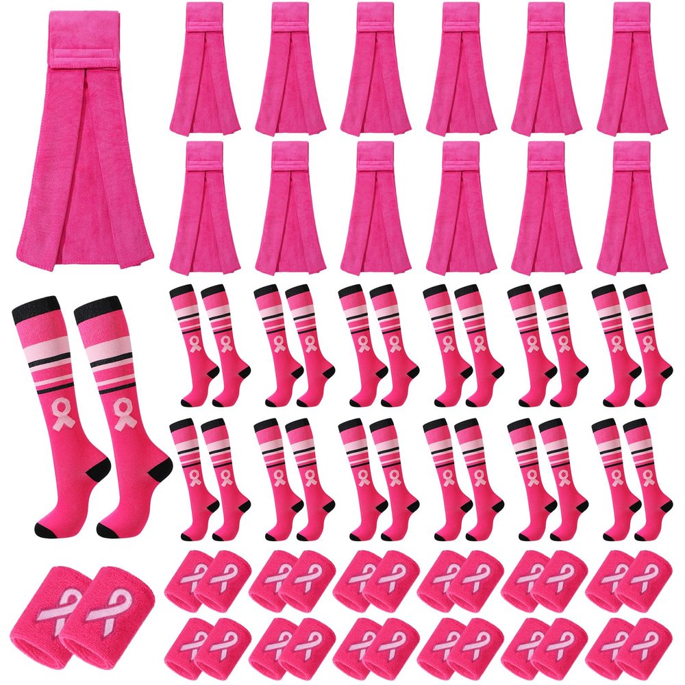 Toulite 12 Sets Breast Cancer Awareness Football Accessories Includes 12 Sports Football Towel 12 Pink Ribbon Wristbands Pink Sweatband 12 Breast Cancer Awareness Socks with Stripes